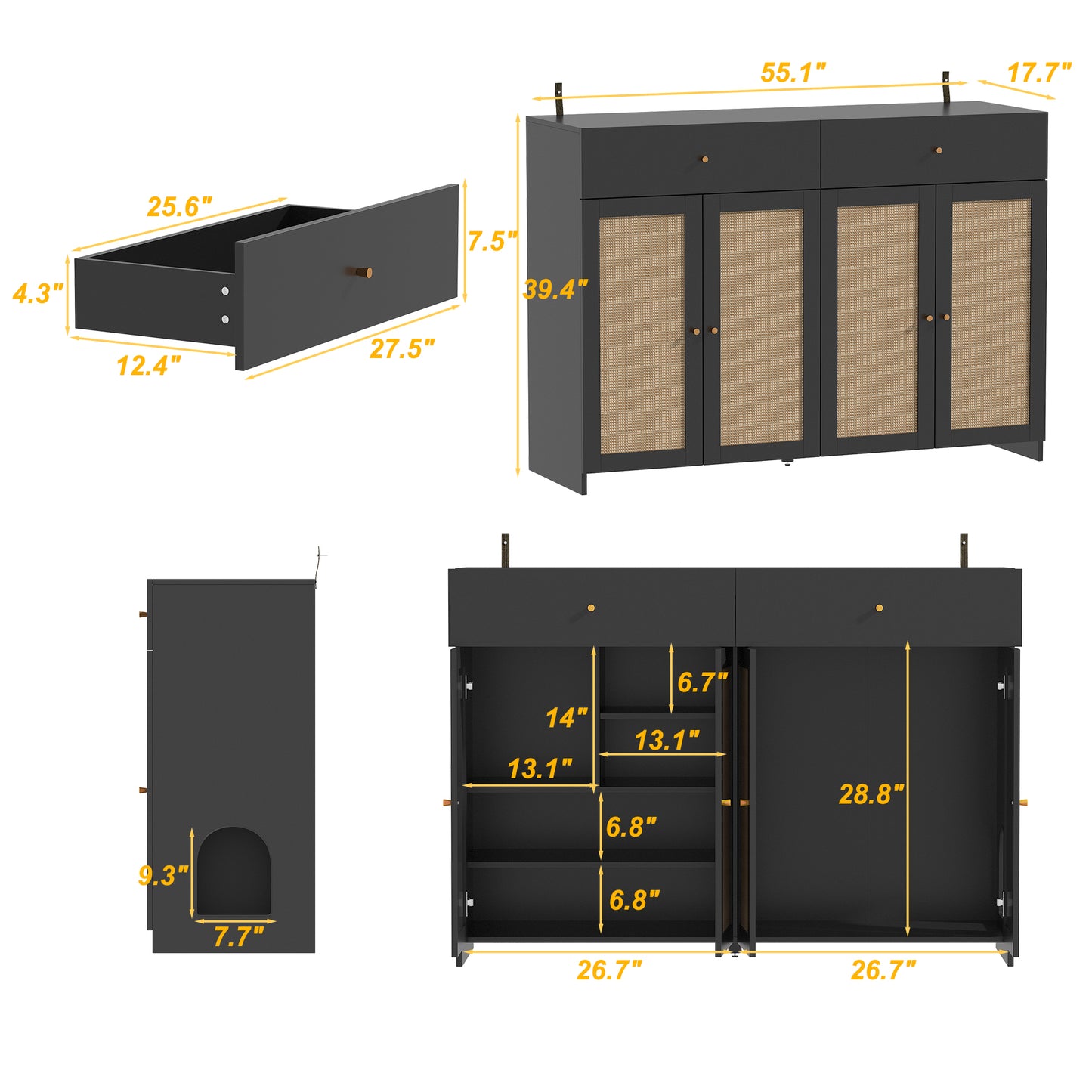 NARTRU 2 in 1 Cat Litter Box Enclosure Furniture Shoe Storage Cabinet with 2 Drawers and Scratching Doors for Cats, Black