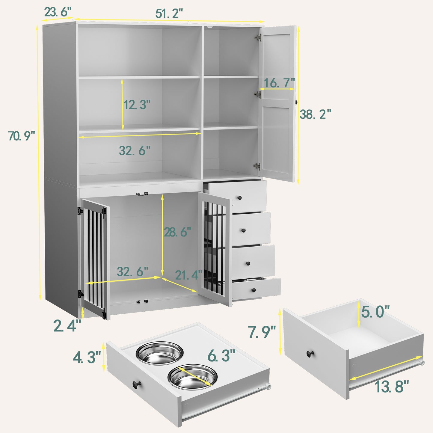 NARTRU Dog Crate Furniture Cabinet with Dog Bowls, Drawers and Shelves for Small, Medium or Large dog, White