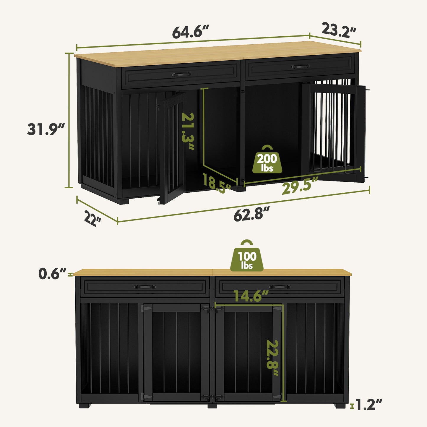 NARTRU 64.6" Large Double Dog Crate Kennel Furniture with Divider and 2 Drawers for 2 Small or Medium Dogs Indoor, Black