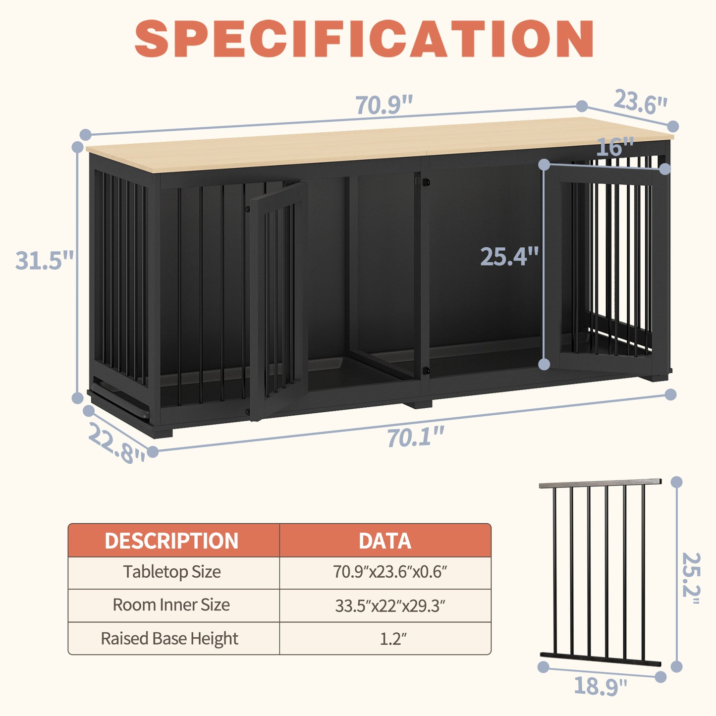 NARTRU 70.9" Large Double Dog Crate Kennel Furniture with Removable Trays and Divider for Small Medium Large Dogs Indoor, Black