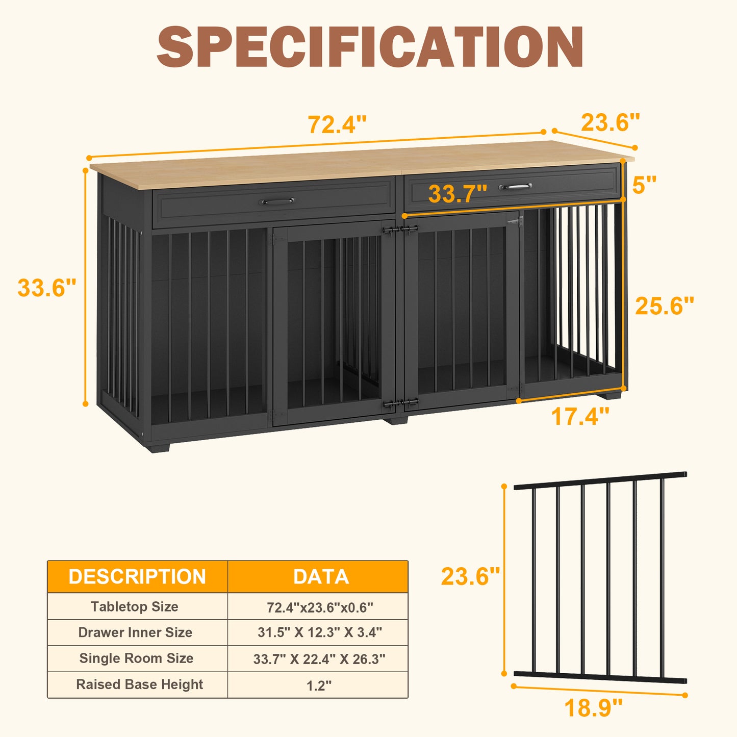 NARTRU Large Double Dog Crate Furniture, 72.4" Wooden Dog Crate Furniture with Divider and 2 Drawers, XXL Heavty Duty Dog Crates Furniture for 2 Medium or Large Dogs Indoor, Black