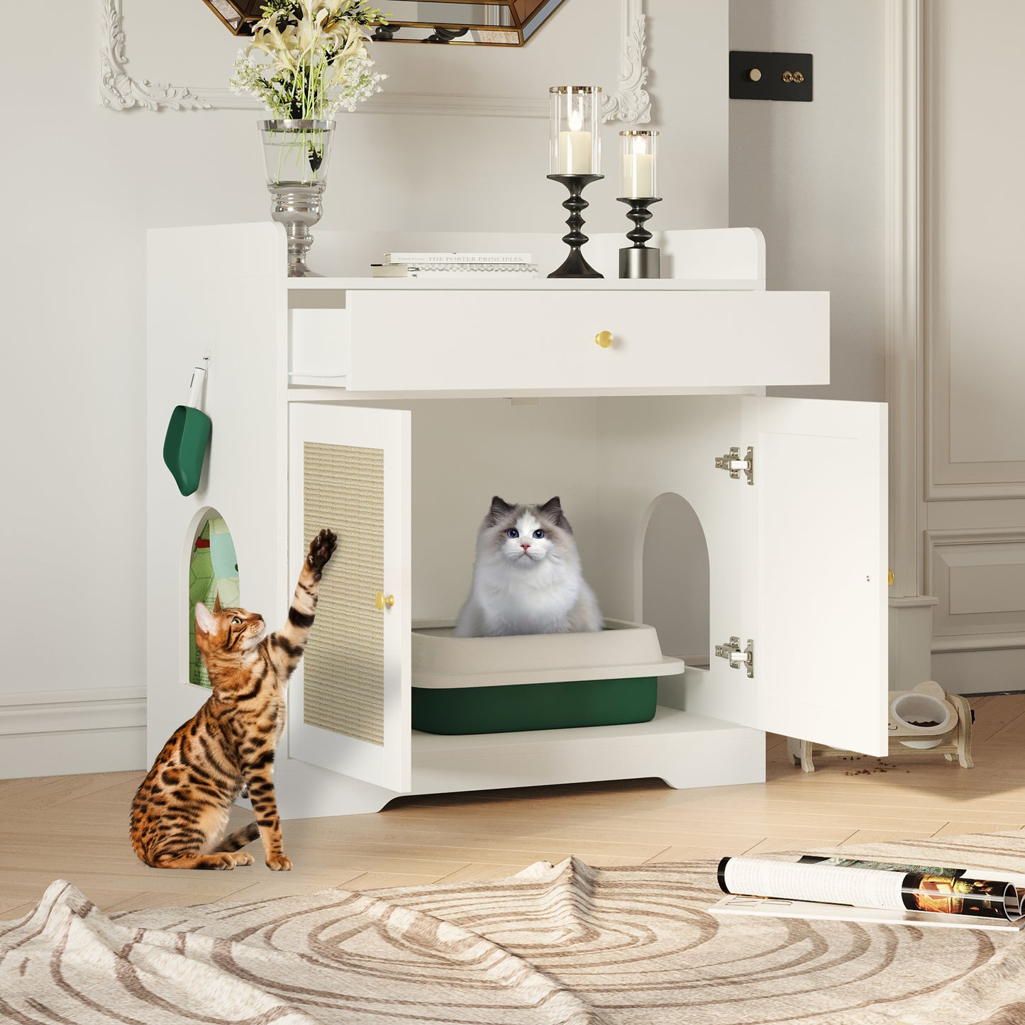 NARTRU Large Cat Litter Box Enclosure Furniture Cabinet with Scratching Pads and Drawer for Cats, White