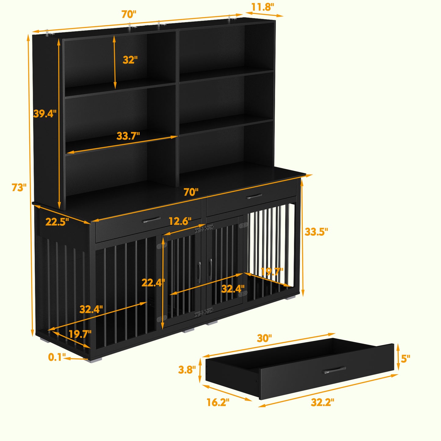 NARTRU Large Dog Crate Furniture Cabinet with Divider, 2 Drawers and 6 Shelves for 2 Small or Medium Dog, Black