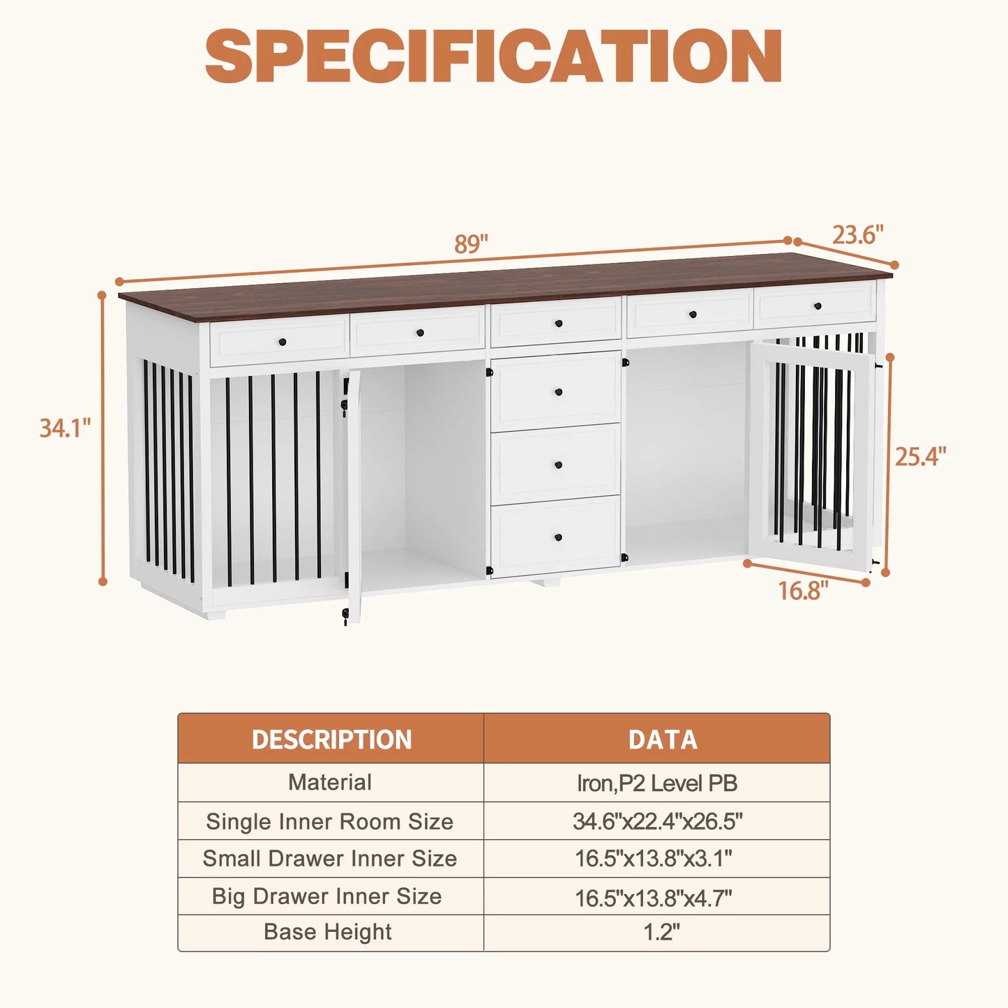 NARTRU Large Double Dog Crate Furniture with 8 Drawers, 89" Wooden Dog Crate Kennel Furniture for Medium or Large Dogs