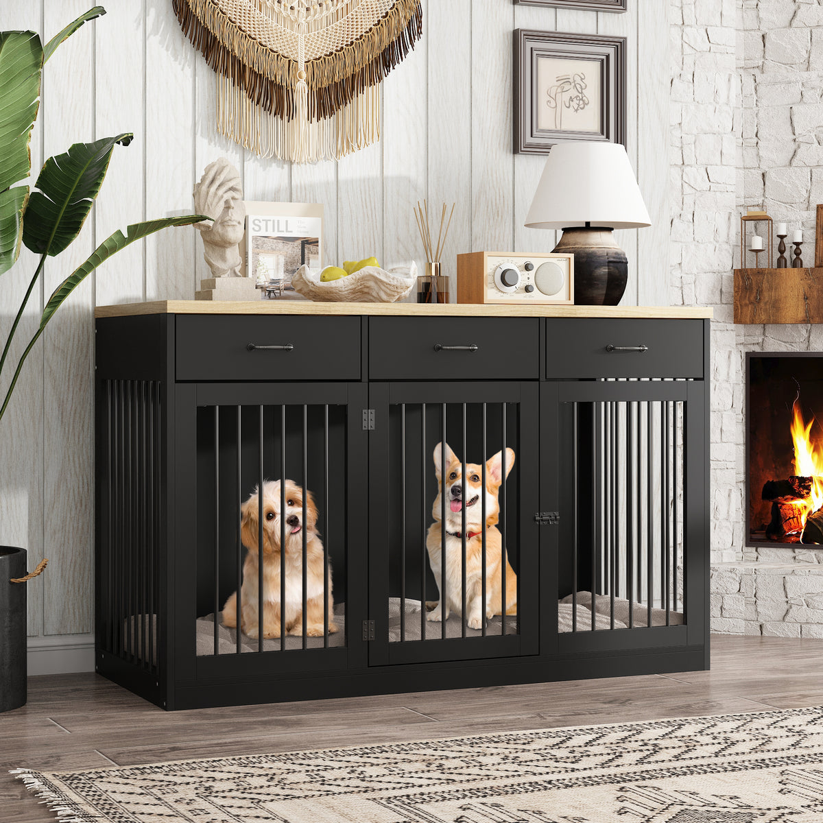 NARTRU 55.3" Dog Crate Kennel Cage Furniture with 3 Drawers for Small, Medium and Large Dog, Black