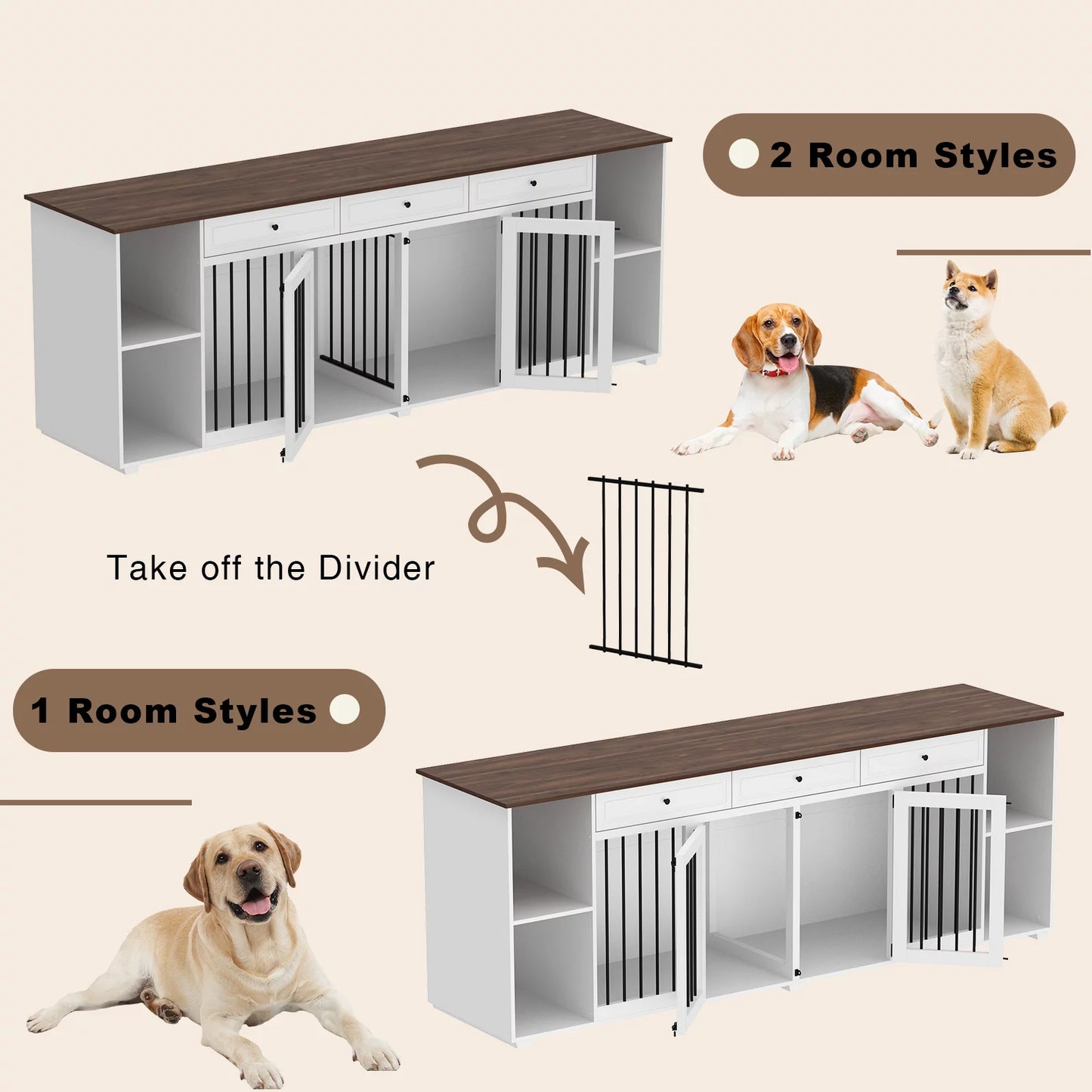 NARTRU Dog Crate Furniture Large Breed with Drawer and Storage Compartment, 94.8 Inch Wooden Dog Crate Kennel with Divider for Large and Medium Dogs Indoor