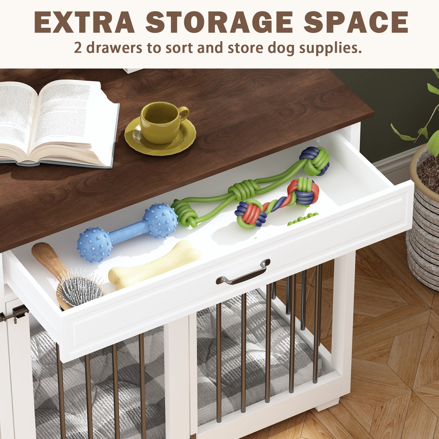 NARTRU 72.4" Large Double Dog Crate Furniture with Divider and 2 Drawers for 2 Medium or Large Dogs