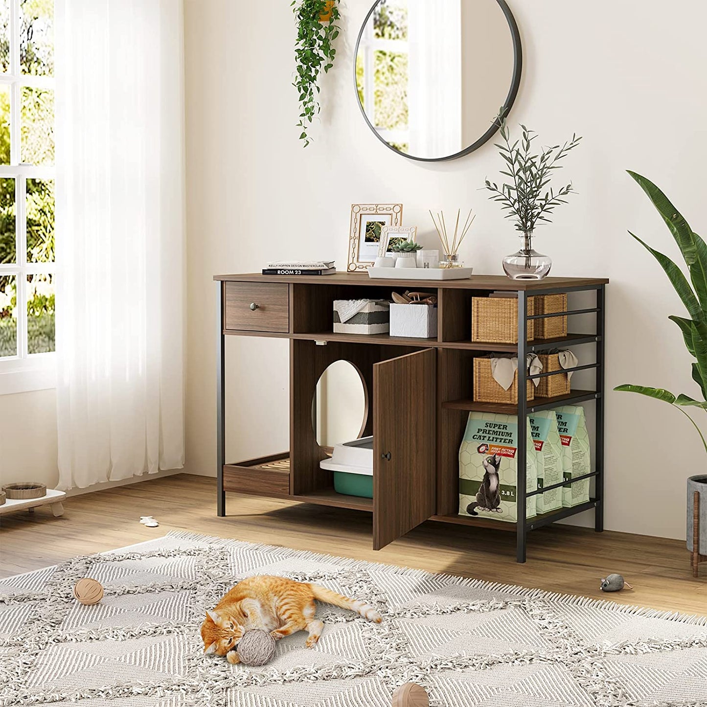 NARTRU 6 in 1 Wooden Cat Litter Box Enclosure Furniture with Litter Filter, Drawer and Shelves for Litter Boxes