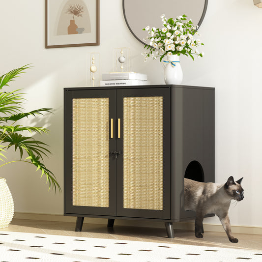 NARTRU Cat Wooden Litter Box Enclosure with Scratching Doors for Cat Litter Boxes, Black