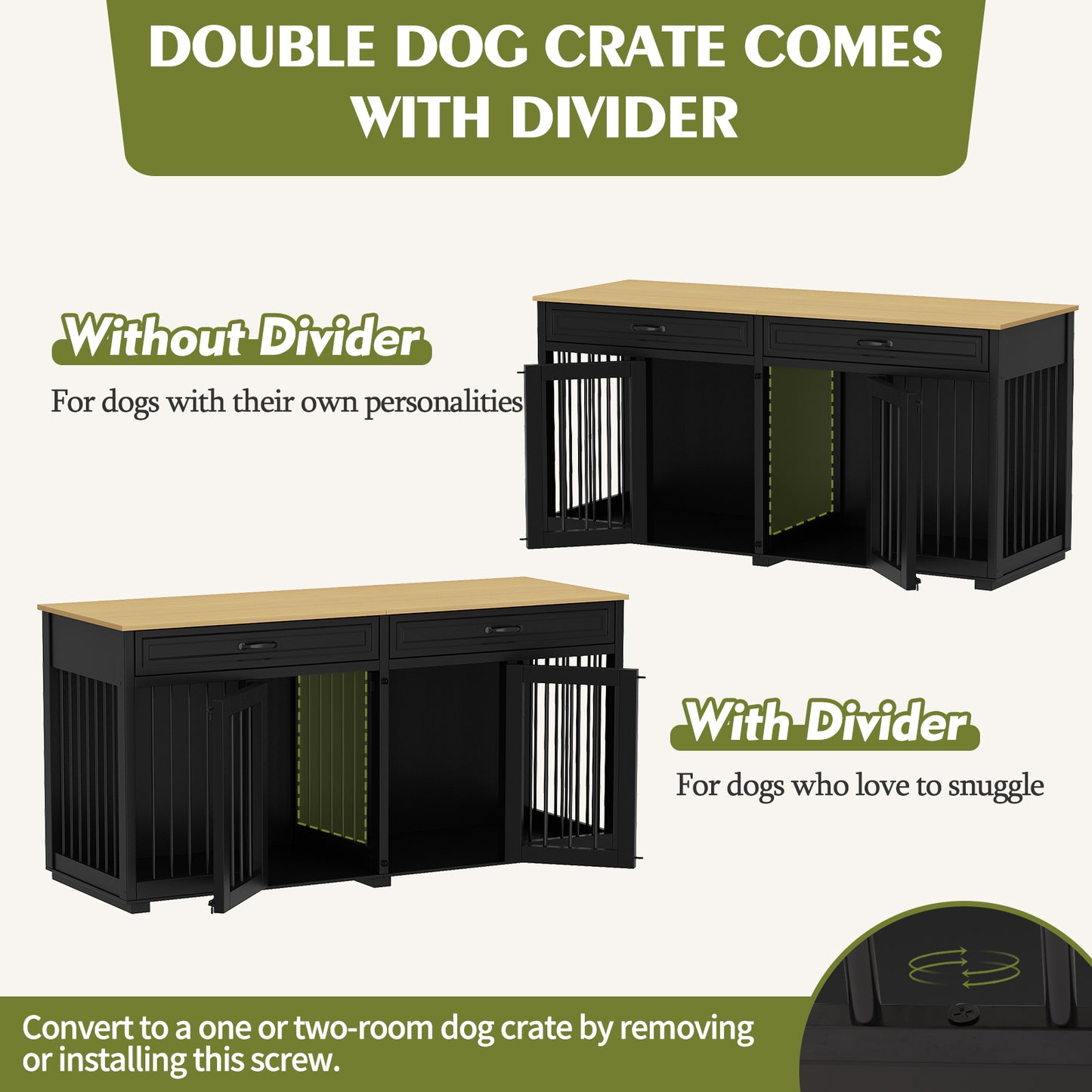 NARTRU 64.6" Large Double Dog Crate Kennel Furniture with Divider and 2 Drawers for 2 Small or Medium Dogs Indoor, Black