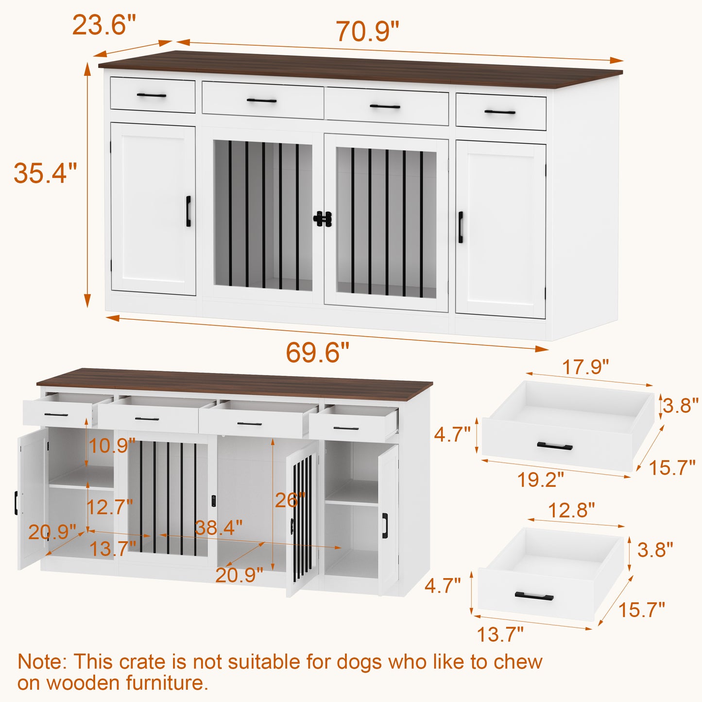 NARTRU 70.9" Large Wooden Dog Crate Kennel Furniture with 4 Storage Shelves and 4 Drawers for Small, Medium and Large Dog