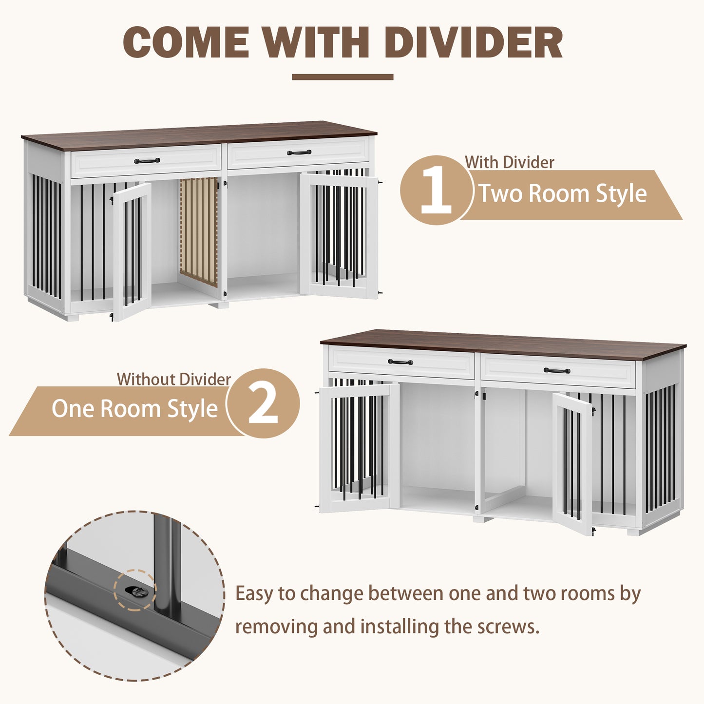 NARTRU 64.6" Large Double Dog Crate Kennel Furniture with Divider and 2 Drawers for 2 Small or Medium Dogs Indoor, White