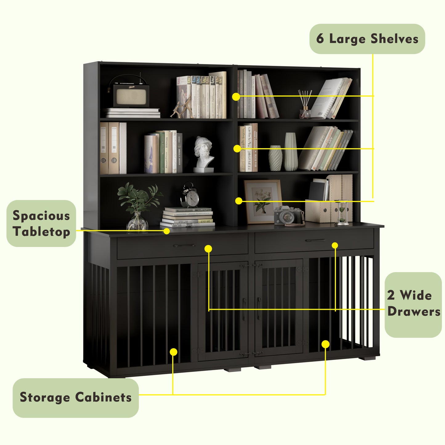 NARTRU Large Dog Crate Furniture Cabinet with Divider, 2 Drawers and 6 Shelves for 2 Small or Medium Dog, Black