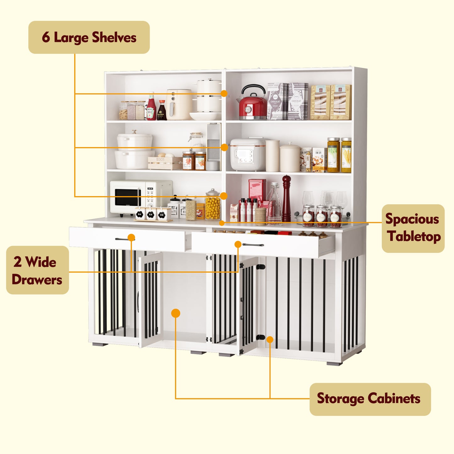 NARTRU Large Dog Crate Furniture Cabinet with Divider, 2 Drawers and 6 Shelves for 2 Small or Medium Dog, White