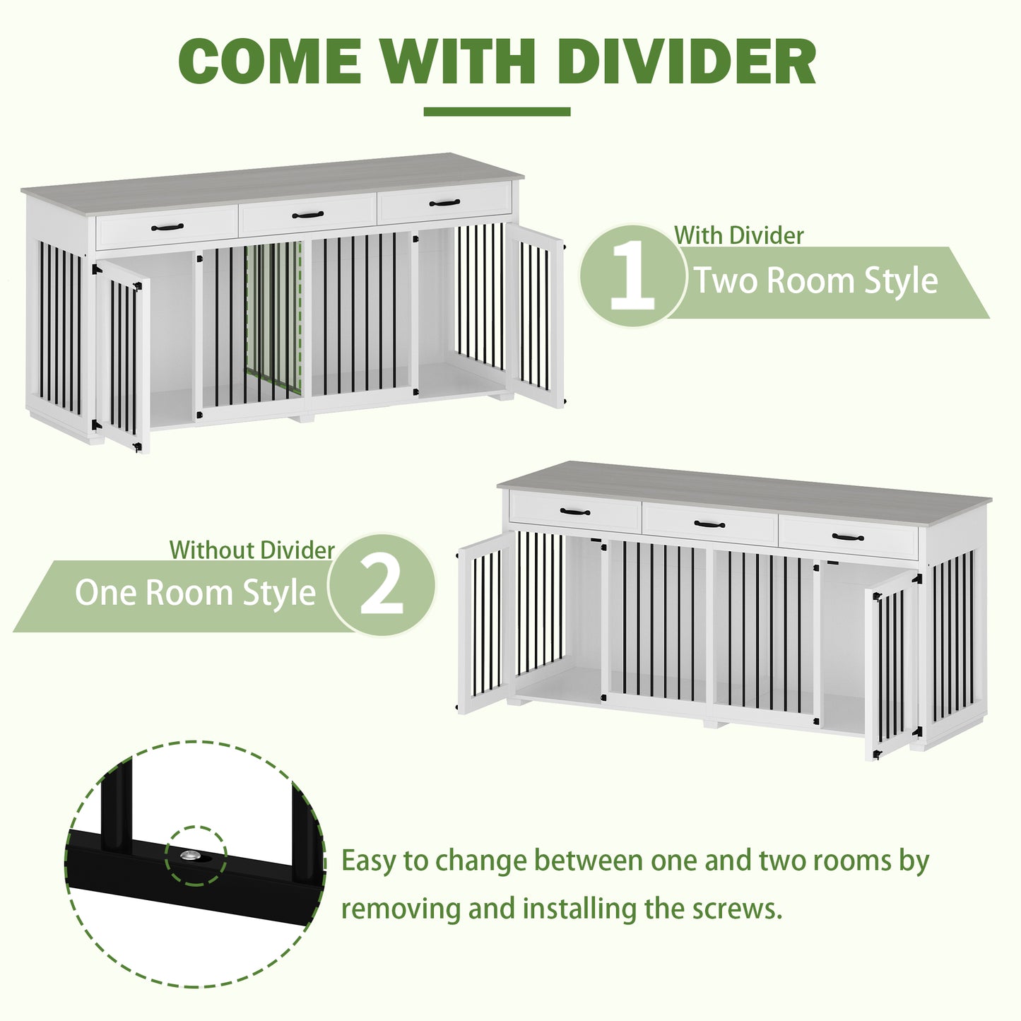 NARTRU 72.5" Large Double Dog Crate Kennel Furniture with 3 Drawers and Divider for Large Dog or 2 Medium Dogs Indoor