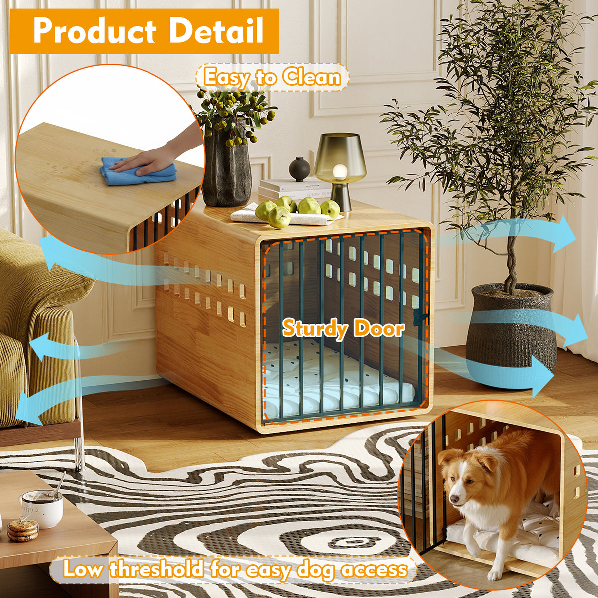 NARTRU 30" Natural Pinewood Dog Crate End Table, Heavy Duty Indoor Kennel for Small Dogs, Pet Furniture for Bedroom Living Room