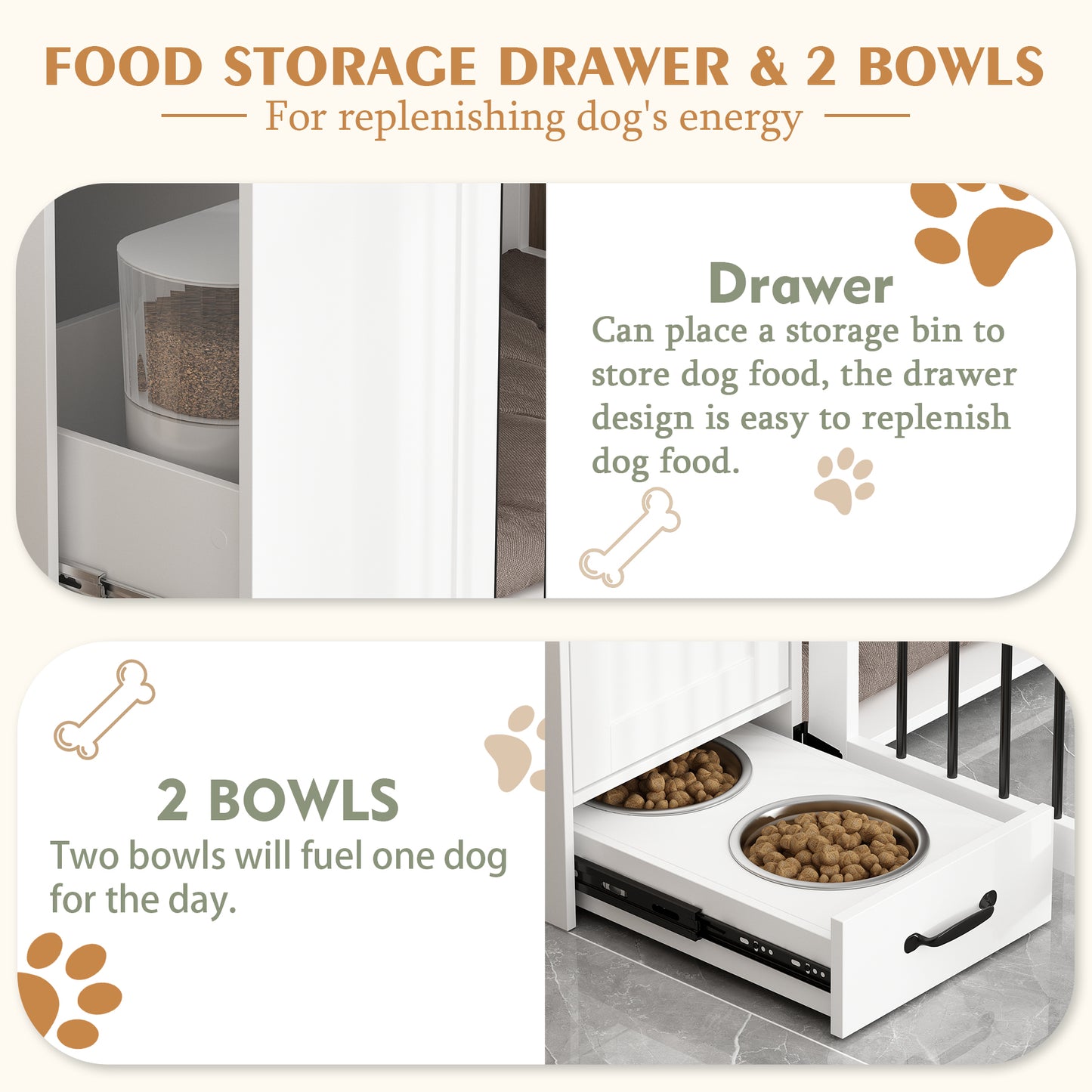 NARTRU Large Dog Crate Furniture with Storage, Wooden Dog Crate Cabinet with Dog Bowls, Dog Food Storage, Drawers and Shelves for Small, Medium or Large dog, White