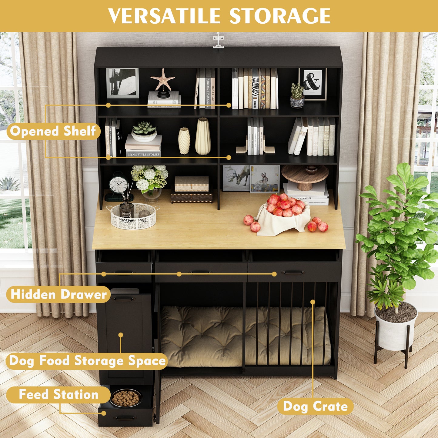 NARTRU Large Dog Crate Furniture with Storage, Wooden Dog Crate Cabinet with Dog Bowls, Dog Food Storage, Drawers and Shelves for Small, Medium or Large dog, Black