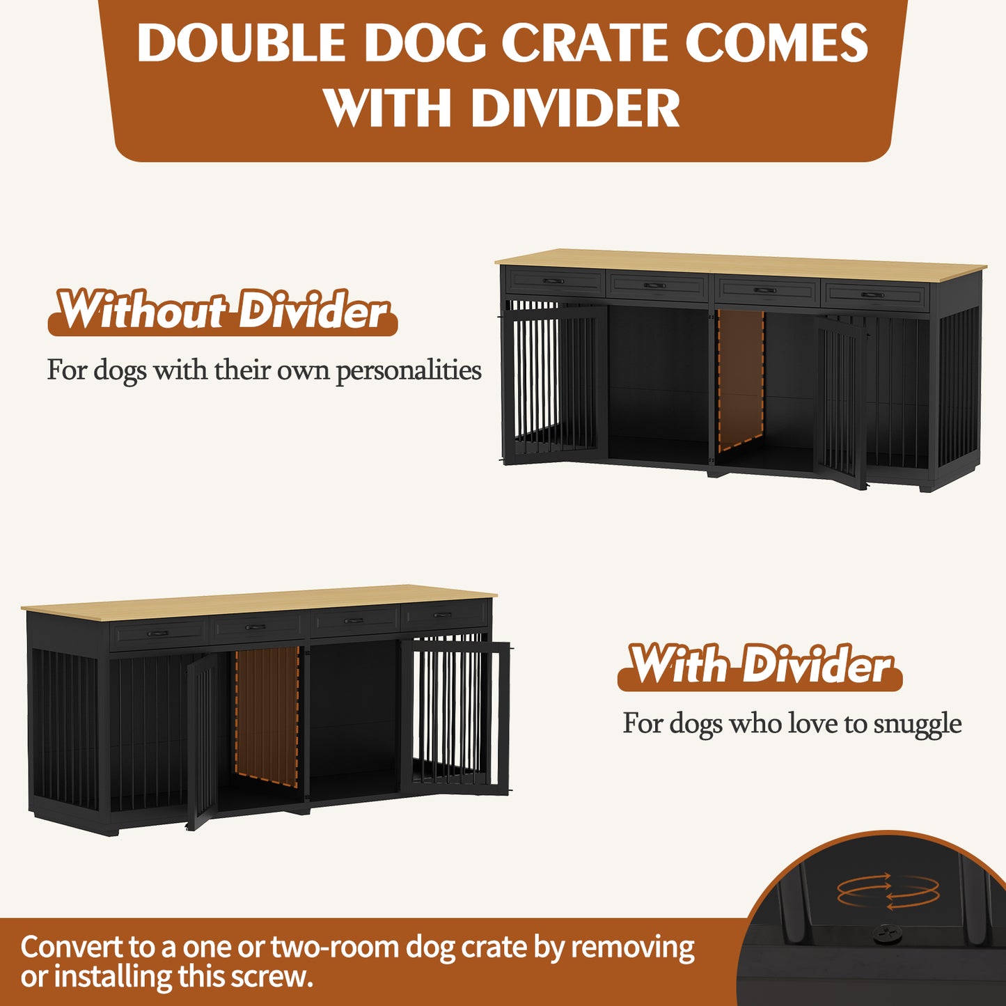 NARTRU 86.6" Large Double Dog Crate Kennel Furniture with Divider and 4 Drawers for 2 Large Dogs Indoor, Black