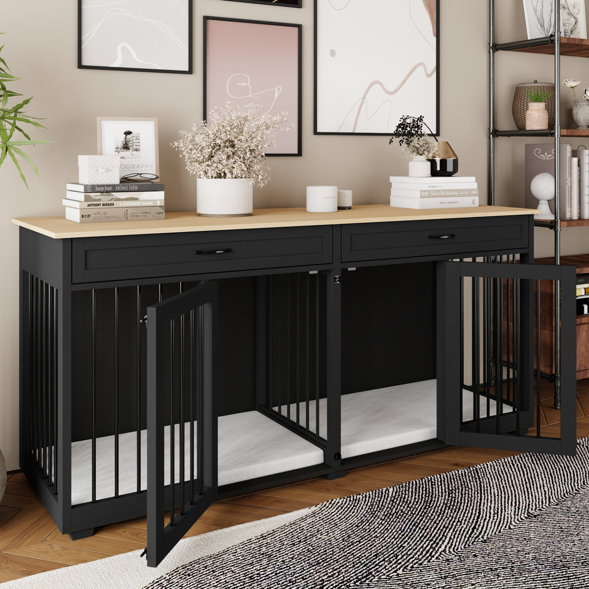 NARTRU 72.4" Large Double Dog Crate Kennel Furniture with Divider and 2 Drawers for 2 Medium or Large Dogs Indoor, Black+Natural Tabletop