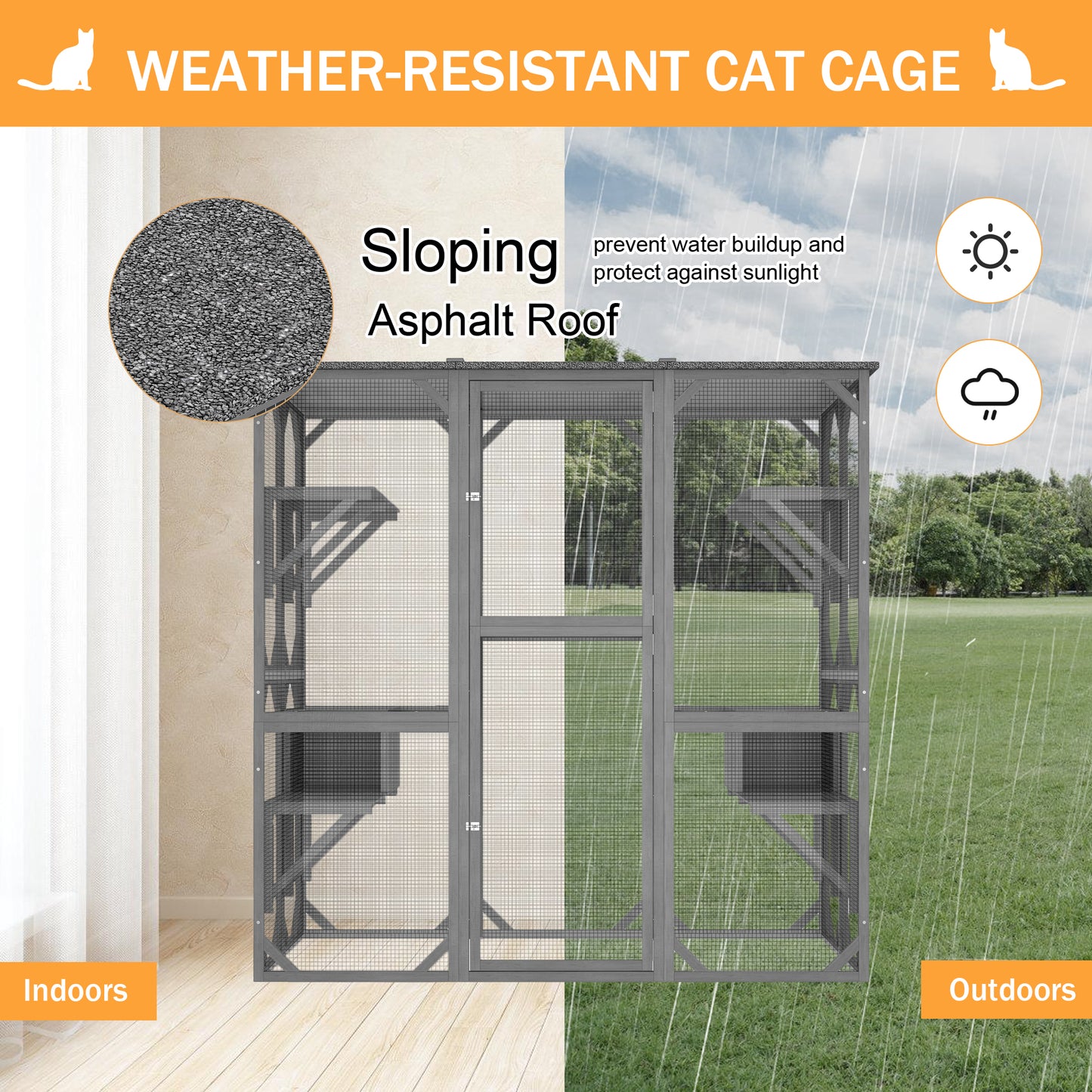 NARTRU 71" Outdoor Wooden Cat House Catio Cage Enclosure, Weatherproof Walk-in Cat Kennel Condo with 7 Platforms and 2 Resting Boxes, Gray