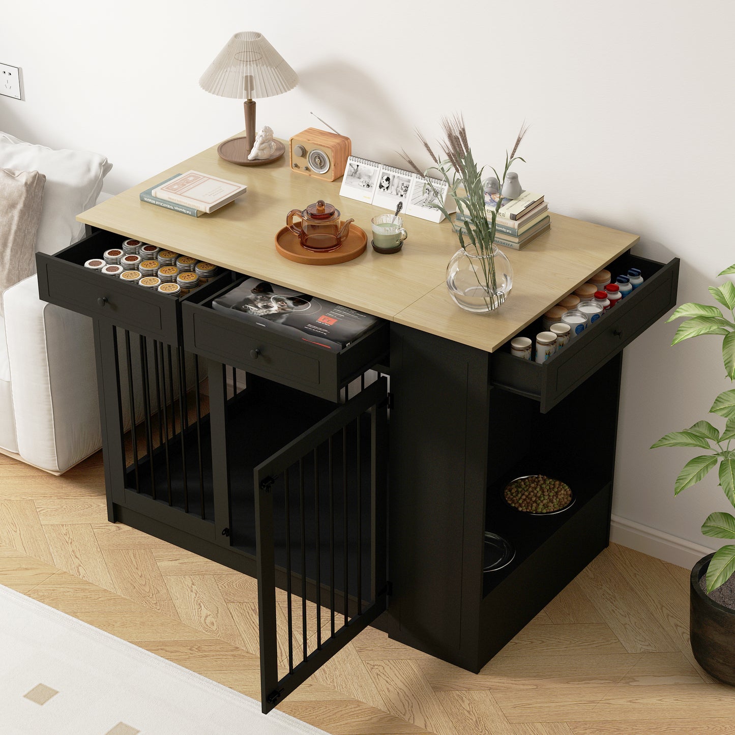 NARTRU 55" Large Wooden Dog Crate Kennel Furniture with 2 Dog Bowls and Drawers for Small, Medium and Large Dog, Black