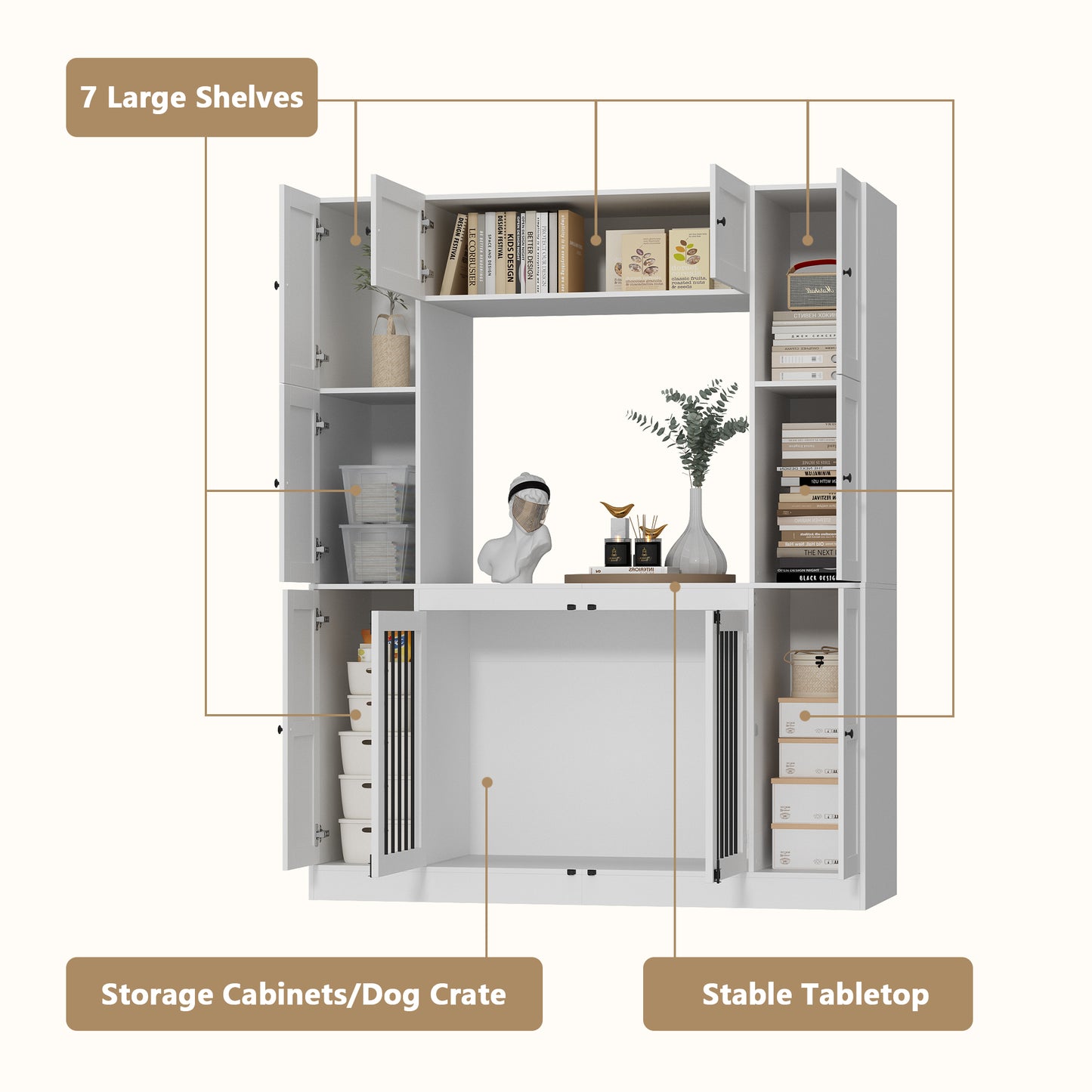 NARTRU Large Dog Crate Furniture Cabinet with 7 Storage Shelves with Doors for Small, Medium or Large Dog, White