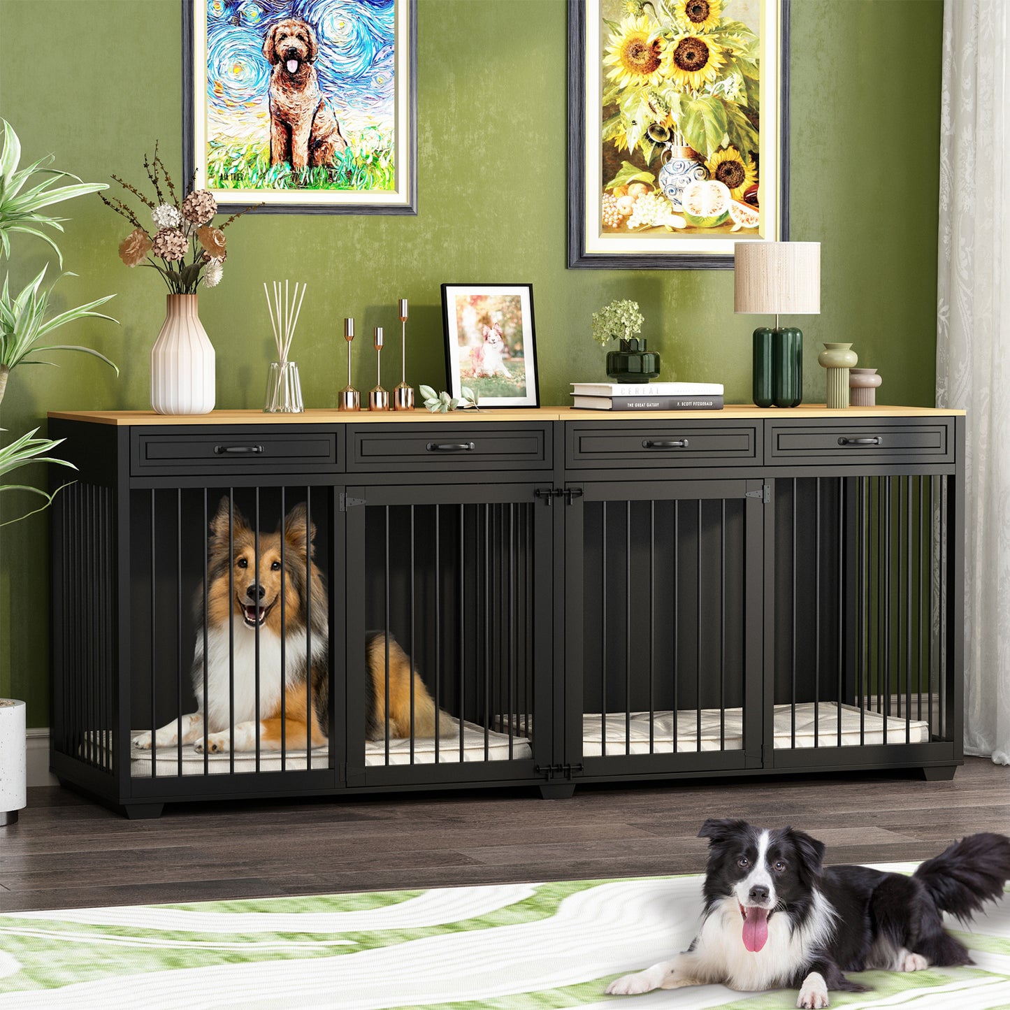 NARTRU 92.9" Large Dog Crate Kennel Furniture with 4 Drawers for Large Dogs, Black