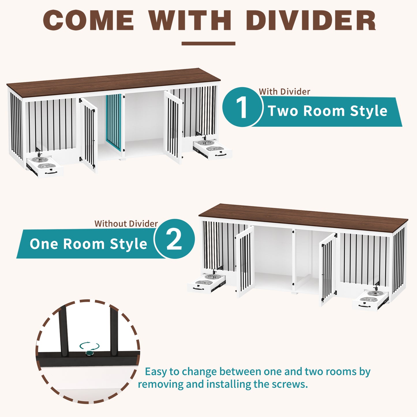 NARTRU Large Double Dog Crate Furniture, 86.6" Wooden Dog Crate Kennel Furniture with 4 Dog Bowls and Divider, Heavy Duty Dog Crates Cage Furniture for Large Dog or 2 Medium Dogs Indoor, White