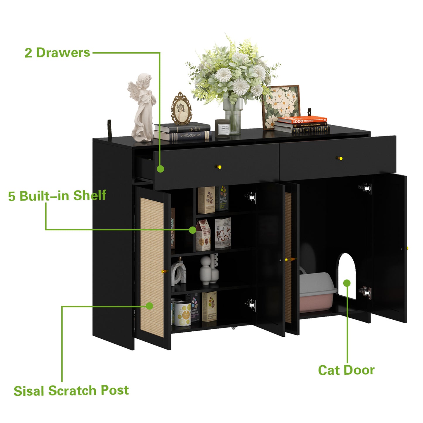 NARTRU 2 in 1 Cat Litter Box Enclosure Furniture Shoe Storage Cabinet with 2 Drawers and Scratching Doors for Cats, Black