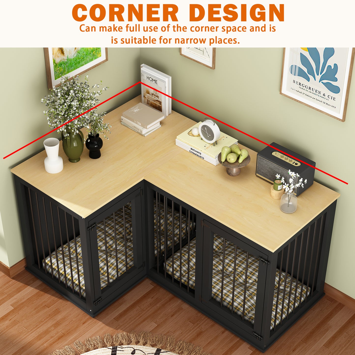 NARTRU Large Corner Dog Crate Furniture, Wooden L Shaped Double Dog Crate Kennel Furniture with Divider, XXL Heavty Duty Dog Crates Furniture for 2 Medium or Large Dogs Indoor, Black