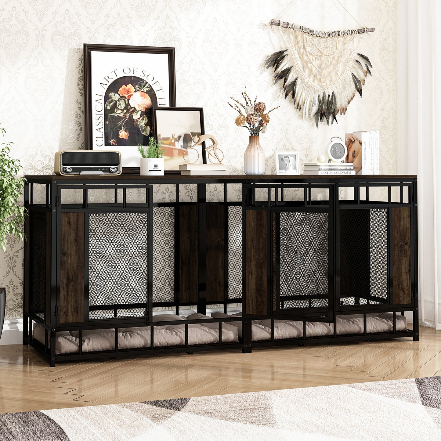 NARTRU 70.9" Wooden Dog Kennel, Heavy Duty Extra Dog Crate Furniture for Large Medium Dog, Walnut + Black