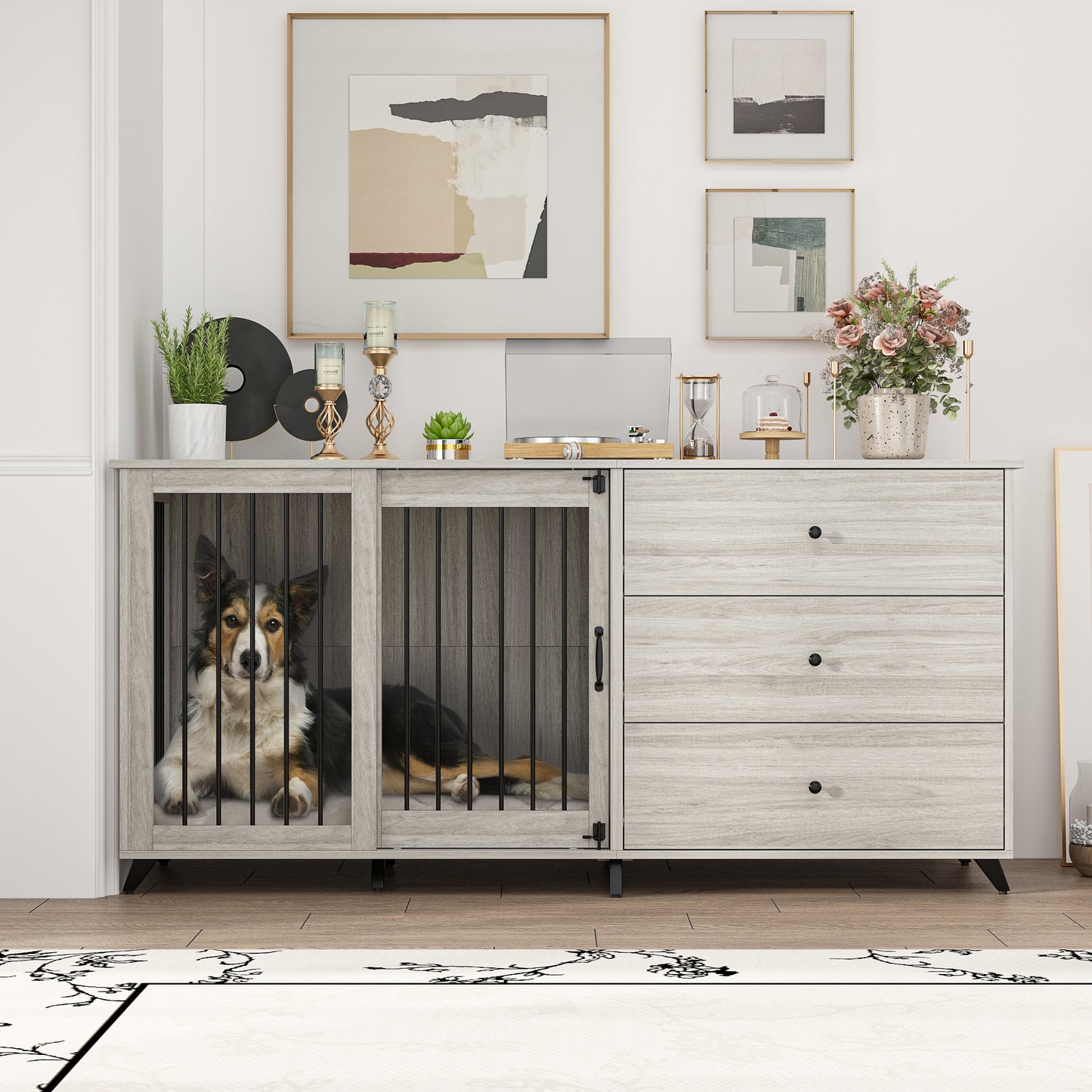 NARTRU Dog Crate Furniture with 3 Large Drawers,Wooden Buffet Dog Kennels for Small Dogs Indoor, Gray