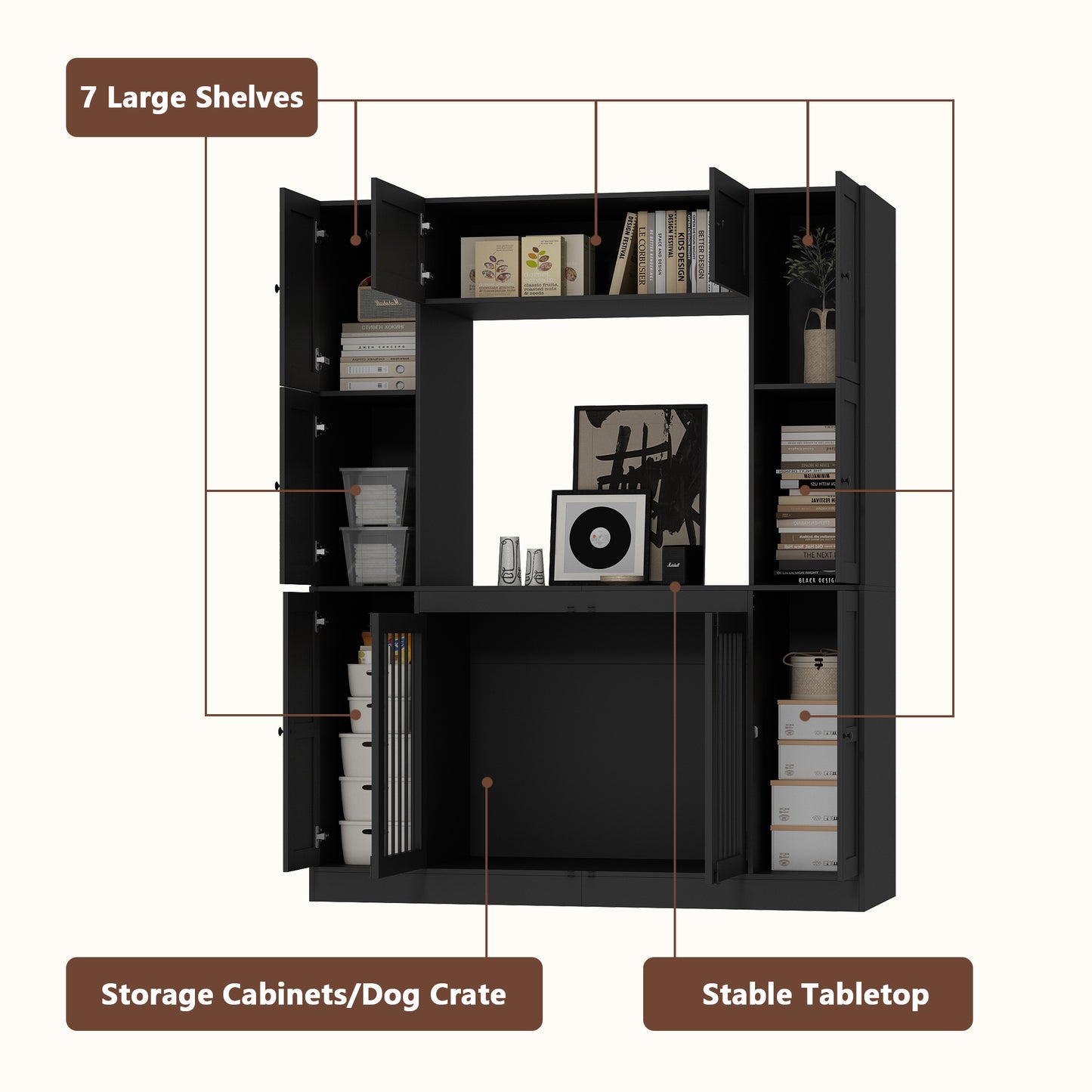 NARTRU Large Dog Crate Furniture Cabinet with 7 Storage Shelves with Doors for Small, Medium or Large Dog, Black