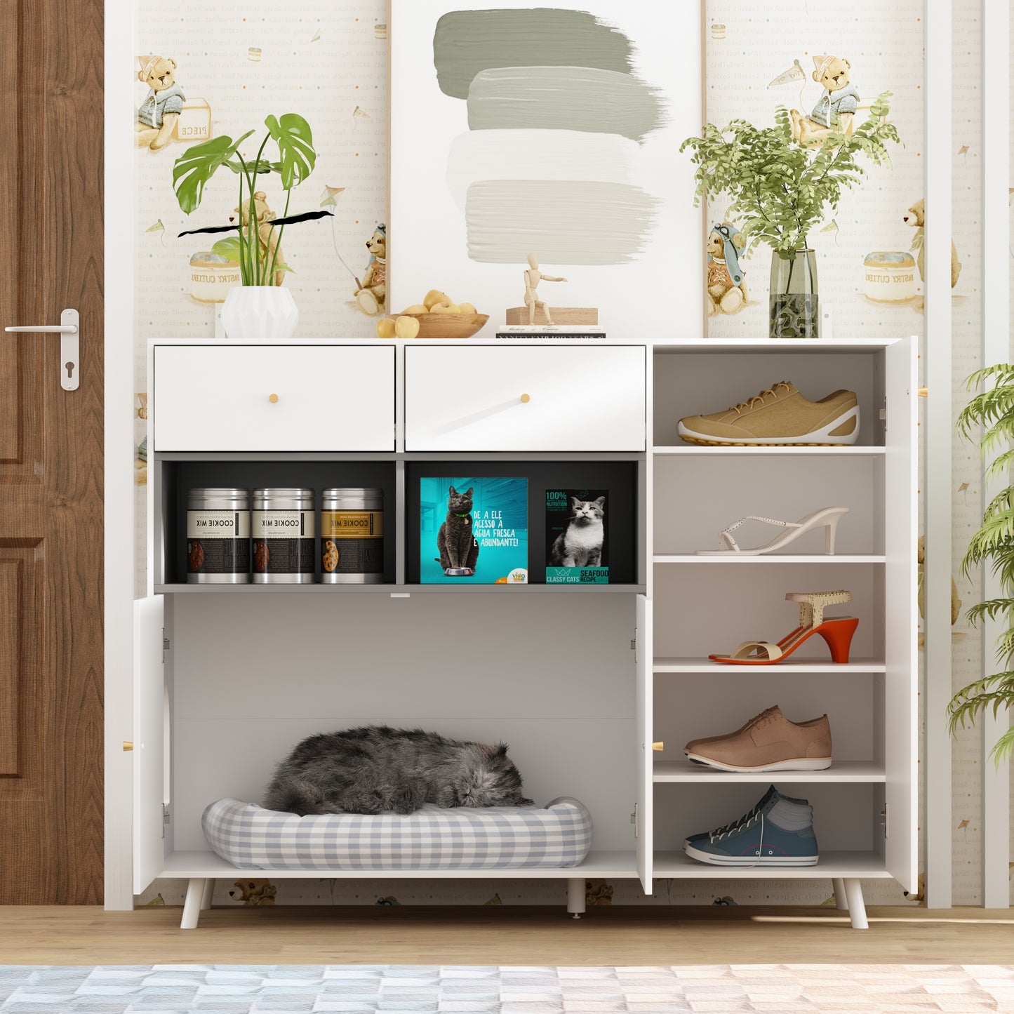 NARTRU 2 in 1 Cat Litter Box Enclosure Furniture Storage Cabinet with 2 Drawers and Adjustable Shelves for Living Room Bedroom, White