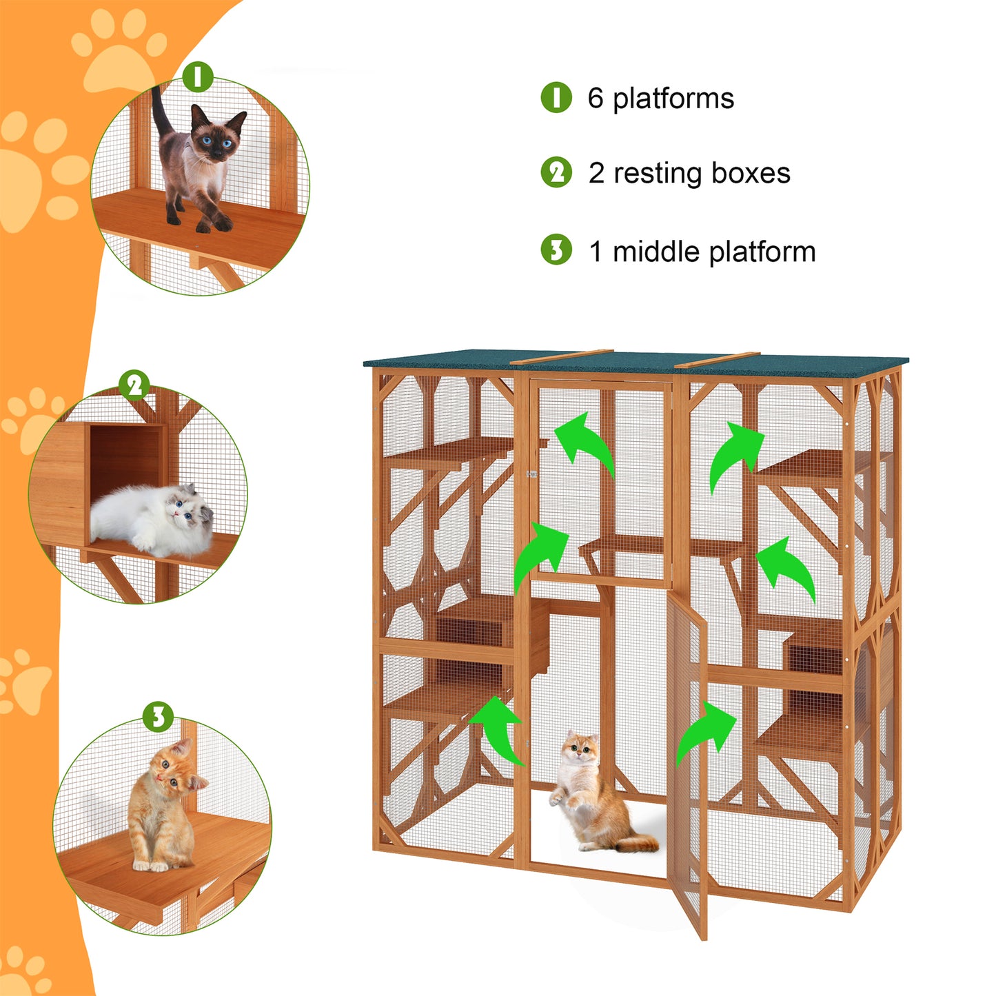 NARTRU Outdoor Cat House Catio, 71" Large Wooden Cats Catio Cat Cage Enclosure, Weatherproof Walk-in Cat Kennel Condo with 7 Platform and 2 Resting Box, Orange