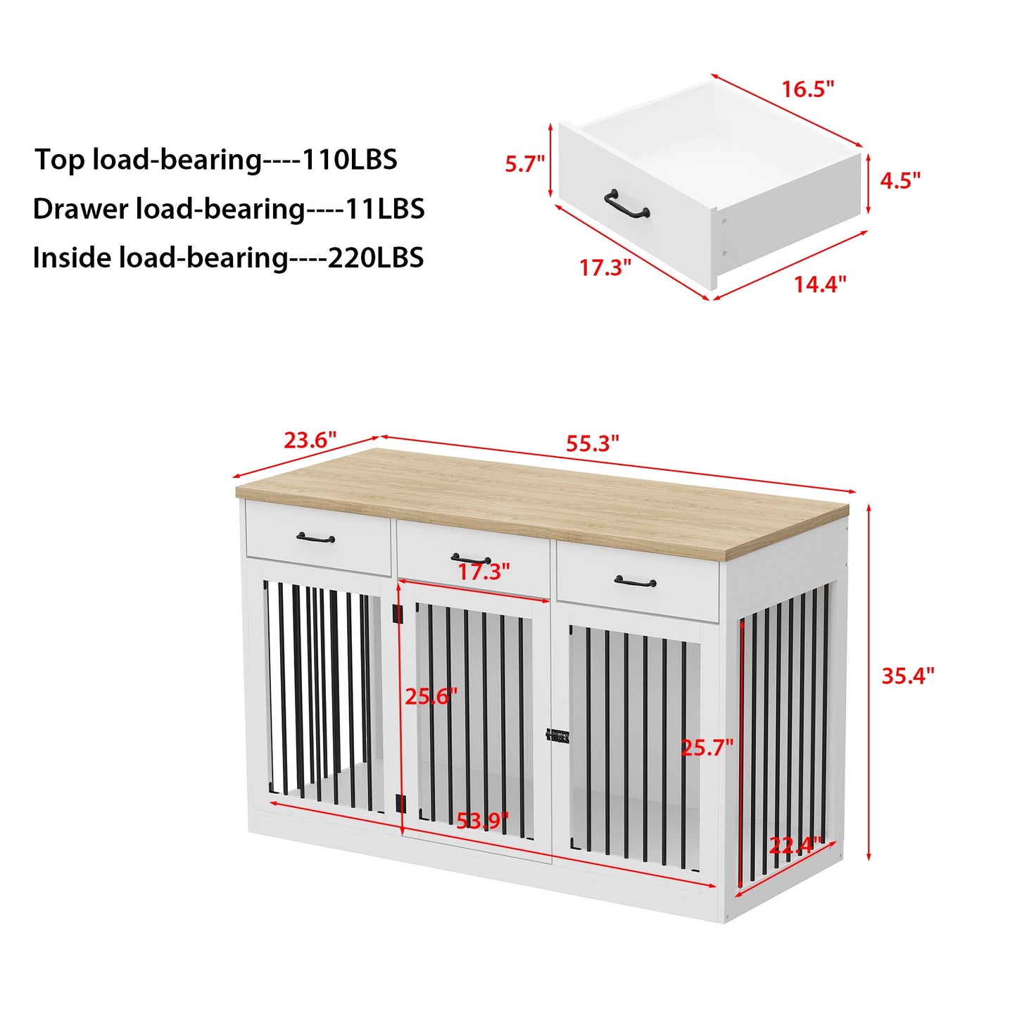 NARTRU 55.3" Dog Crate Kennel Cage Furniture with 3 Drawers for Small, Medium and Large Dog, White