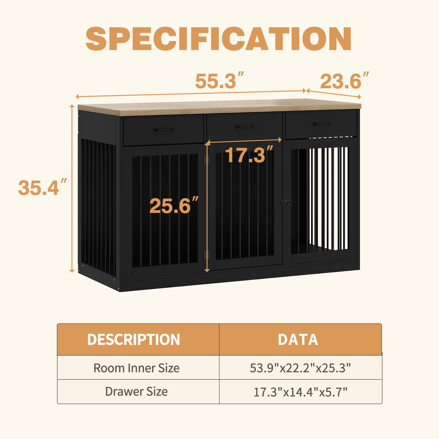 NARTRU 55.3" Dog Crate Kennel Cage Furniture with 3 Drawers for Small, Medium and Large Dog, Black