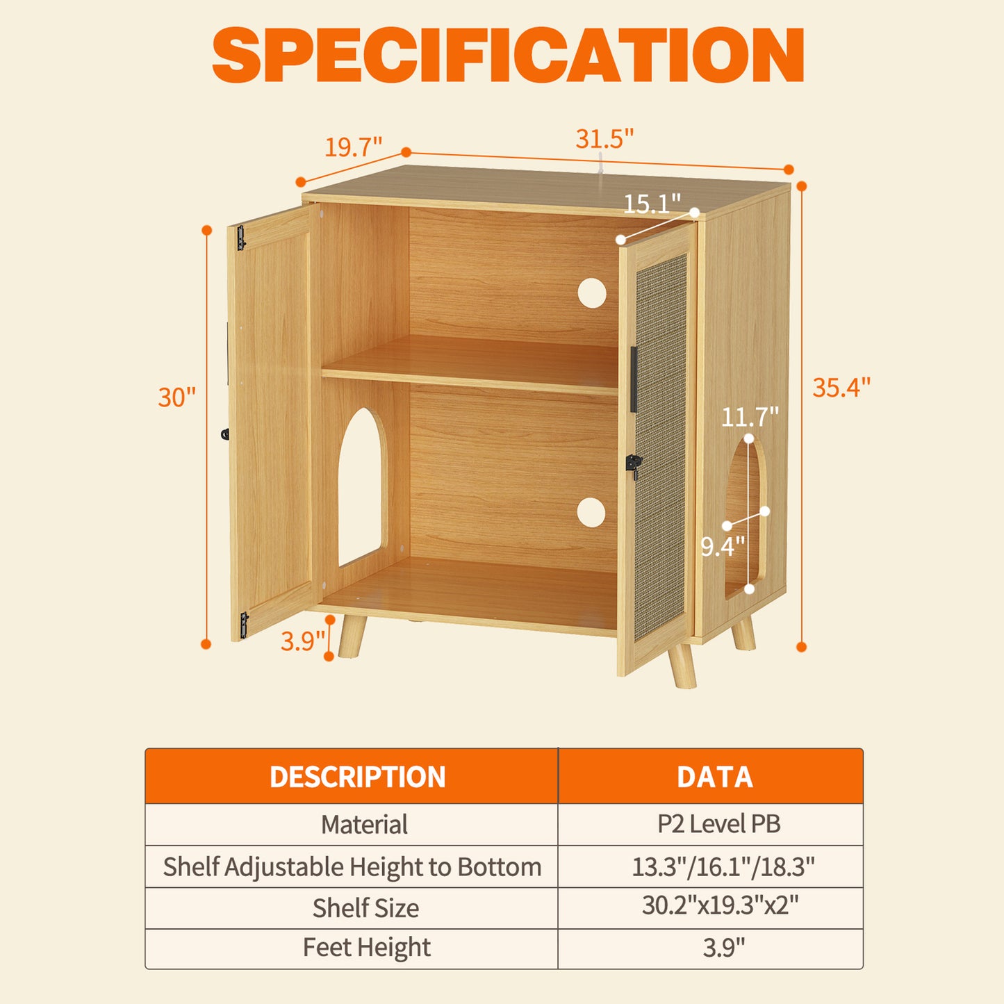 NARTRU Cat Wooden Litter Box Enclosure with Scratching Doors for Cat Litter Boxes, Natural