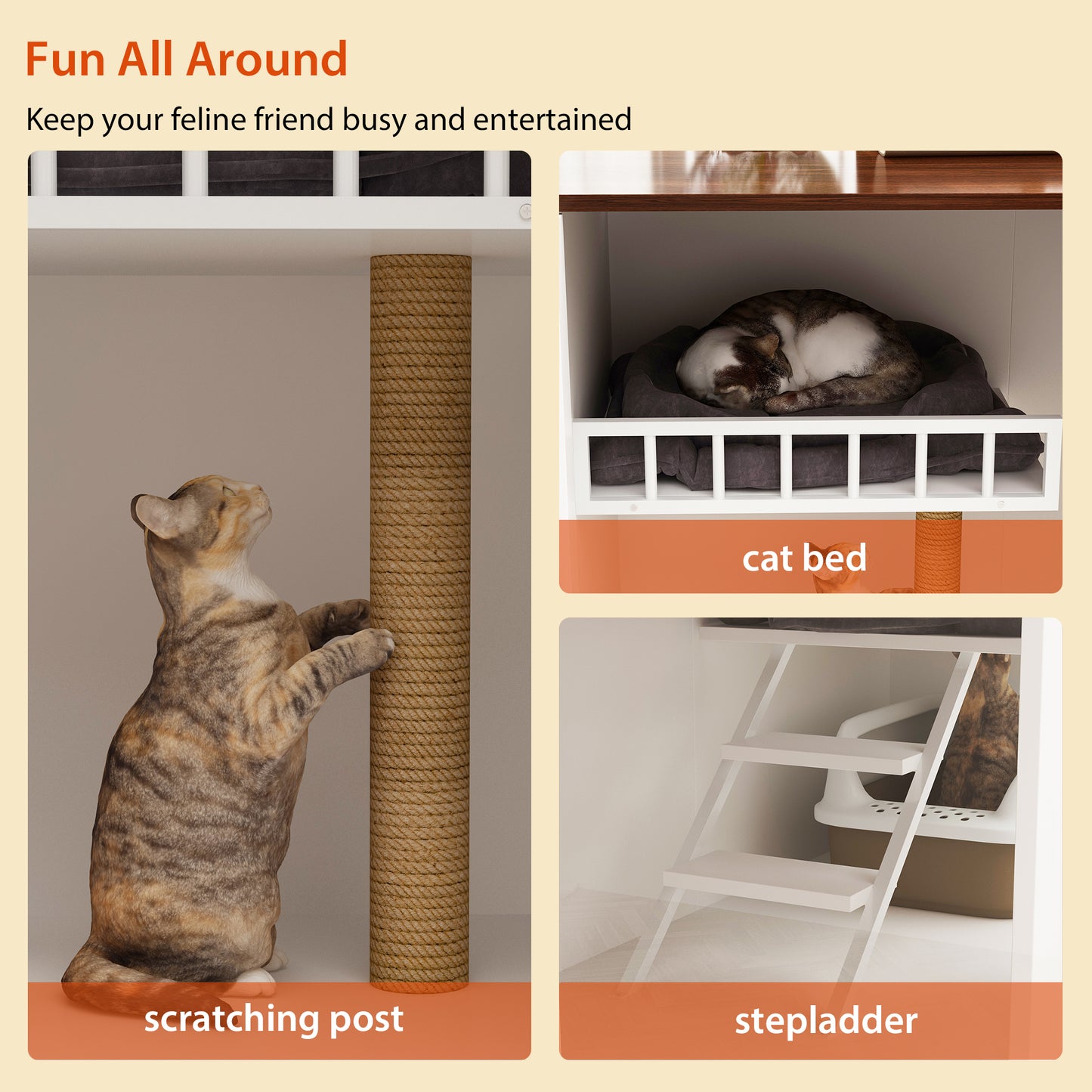 NARTRU Large Cat Litter Box Enclosure Furniture Hidden Cabinet with Pet Door, LED Light, Scratch Post, Cat Condo House with Stairs for Cats