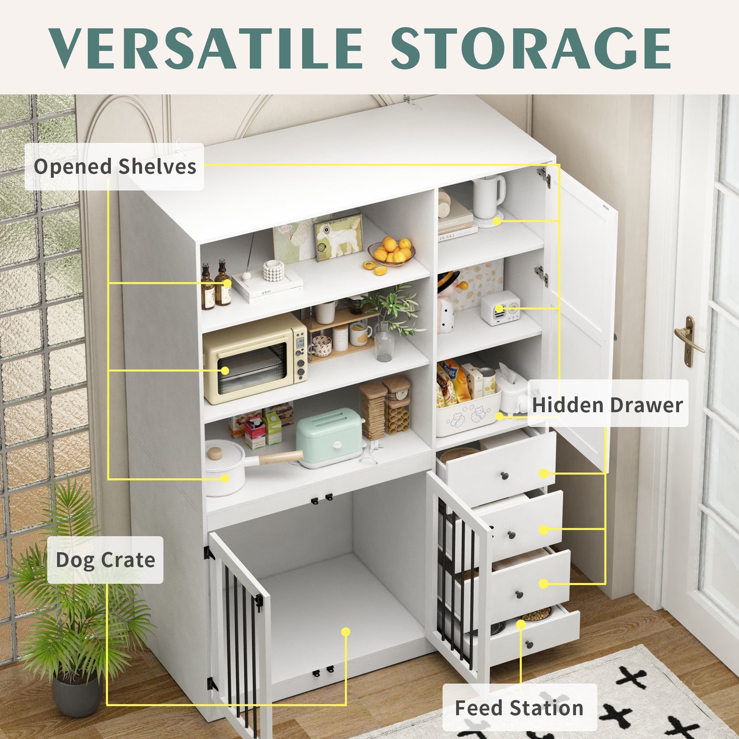 NARTRU Dog Crate Furniture Cabinet with Dog Bowls, Drawers and Shelves for Small, Medium or Large dog, White