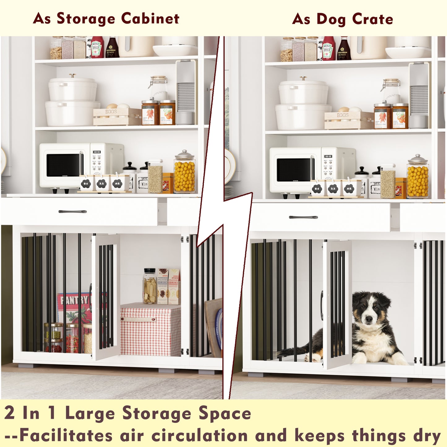 NARTRU Large Dog Crate Furniture Cabinet with Divider, 2 Drawers and 6 Shelves for 2 Small or Medium Dog, White