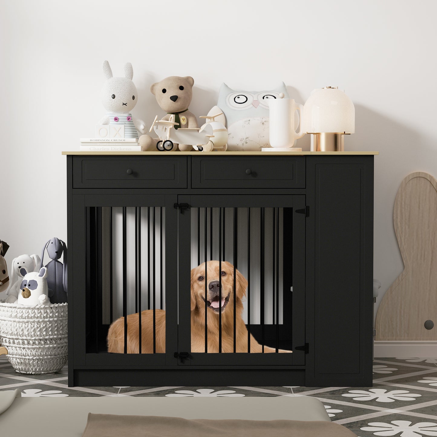 NARTRU 55" Large Wooden Dog Crate Kennel Furniture with 2 Dog Bowls and Drawers for Small, Medium and Large Dog, Black