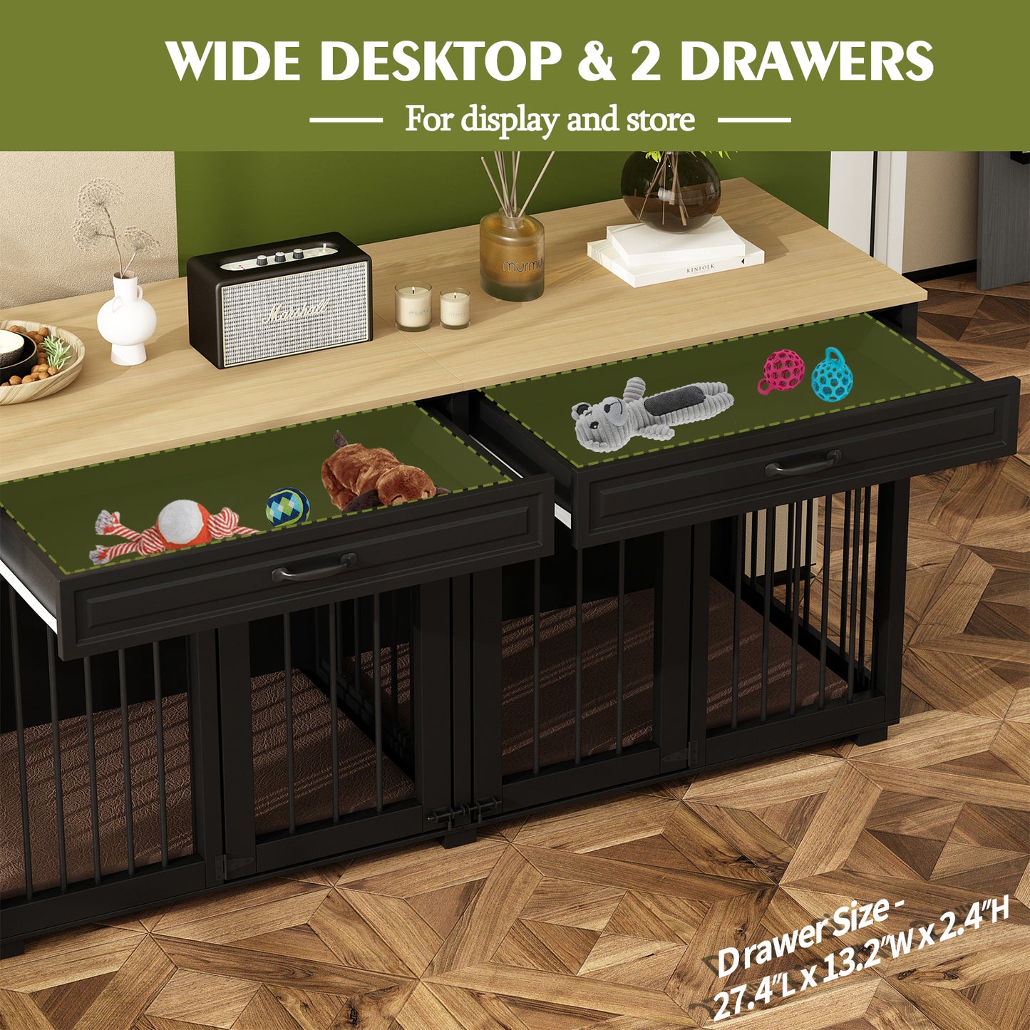 NARTRU 64.6" Large Double Dog Crate Kennel Furniture with Divider and 2 Drawers for 2 Small or Medium Dogs Indoor, Black