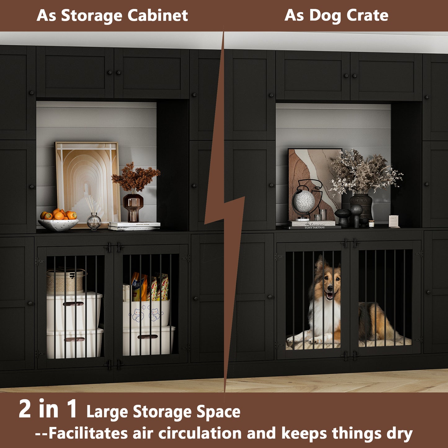 NARTRU Large Dog Crate Furniture Cabinet with 7 Storage Shelves with Doors for Small, Medium or Large Dog, Black