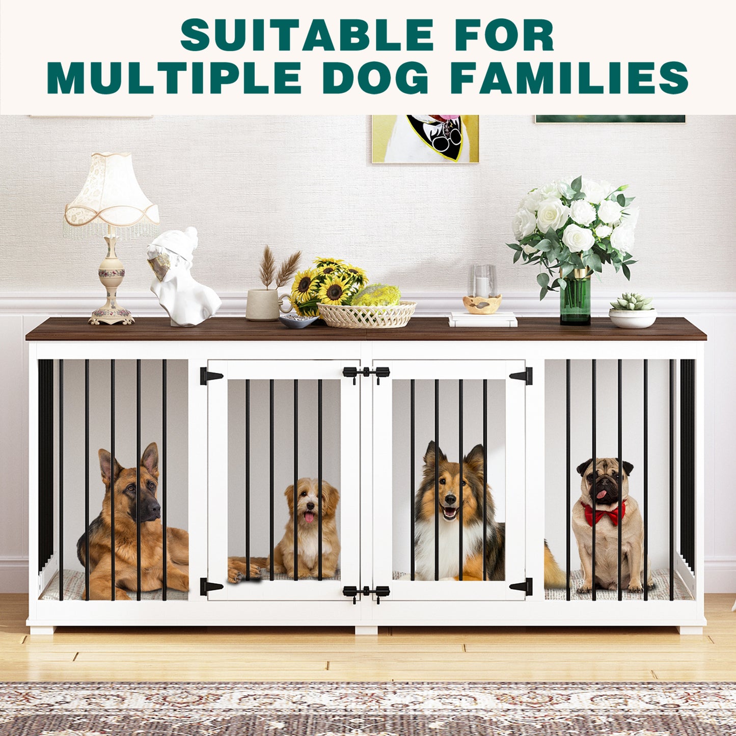 NARTRU 70.9" Large Double Dog Crate Kennel Furniture with Divider for Small Medium Large Dogs Indoor, White