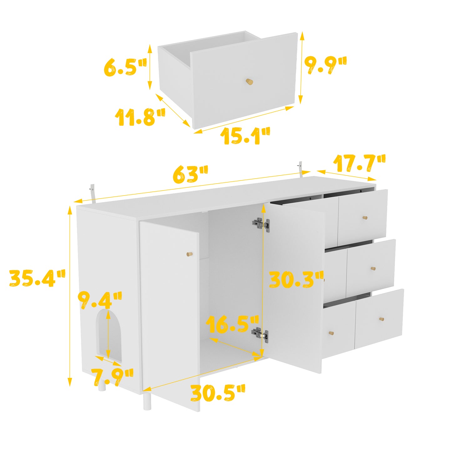 NARTRU 2 in 1 Cat Litter Box Enclosure Furniture Storage Cabinet with 6 Drawers for Living Room Bedroom, White