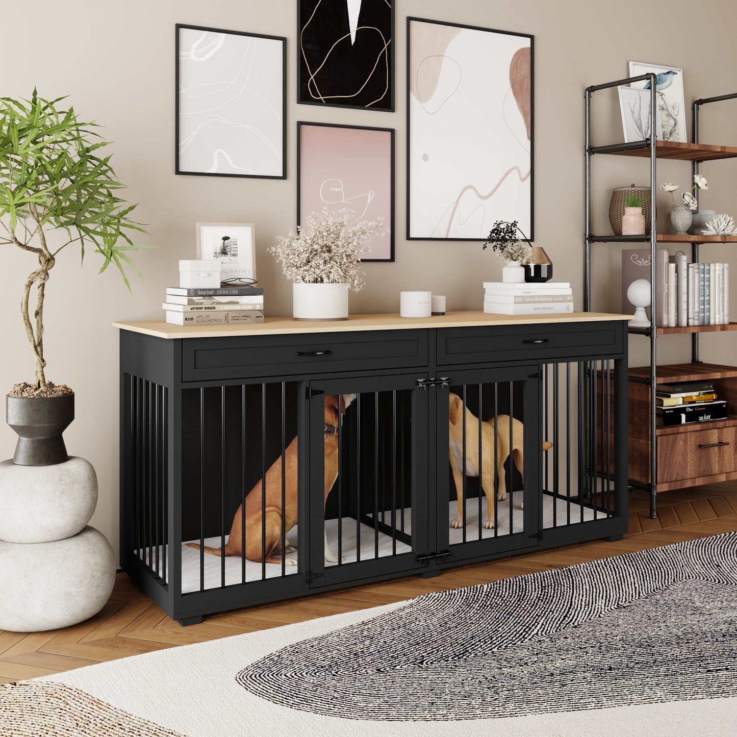 NARTRU 72.4" Large Double Dog Crate Kennel Furniture with Divider and 2 Drawers for 2 Medium or Large Dogs Indoor, Black+Natural Tabletop