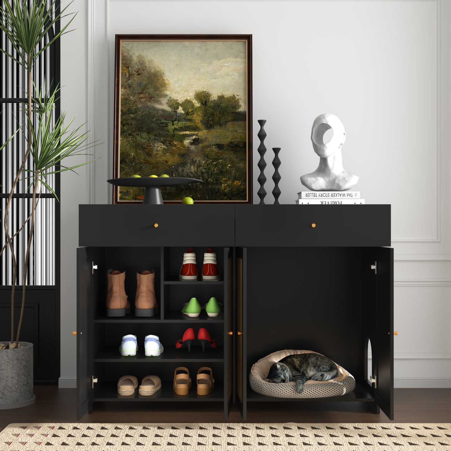 NARTRU 2 in 1 Cat Litter Box Enclosure Furniture Shoe Storage Cabinet with 2 Drawers and Scratching Doors for Cats, Black