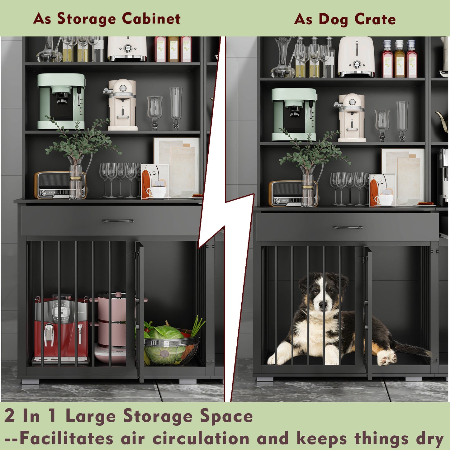 NARTRU Large Dog Crate Furniture Cabinet with Divider, 2 Drawers and 6 Shelves for 2 Small or Medium Dog, Black